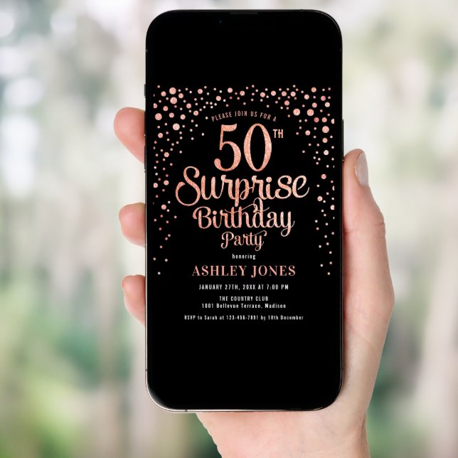 Surprise 50th Birthday Party - Black & Rose Gold Invitation (Front Digital)