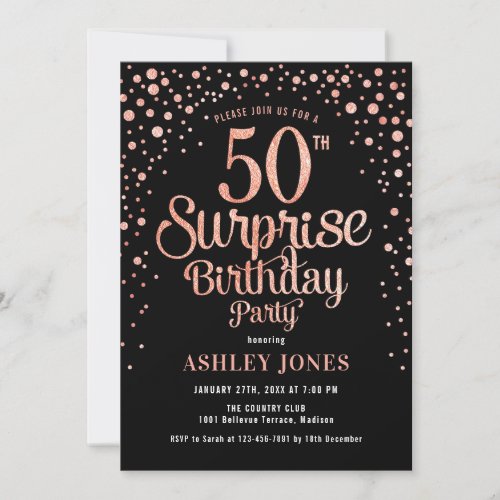 Surprise 50th Birthday Party _ Black  Rose Gold Invitation