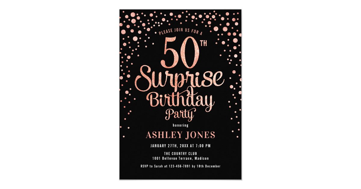 Surprise 50th Birthday Party - Black & Rose Gold Invitation | Zazzle.com