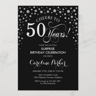 Surprise 50th Birthday Party - Black Silver Invitation