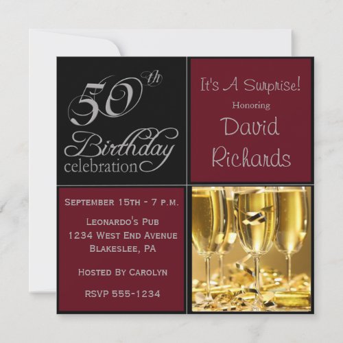 Surprise 50th Birthday Party Burgandy  Silver Invitation