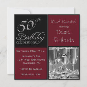 Surprise 50th Birthday Party Burgandy & Silver Invitation