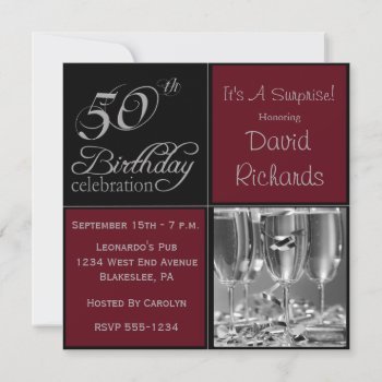 Surprise 50th Birthday Party Burgandy & Silver Invitation by NightSweatsDiva at Zazzle