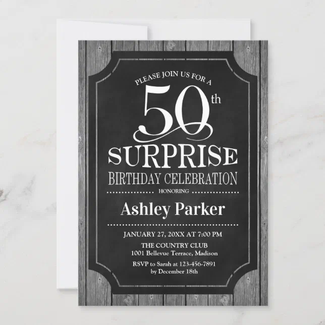 Surprise 50th Birthday Party - Chalkboard White Invitation | Zazzle