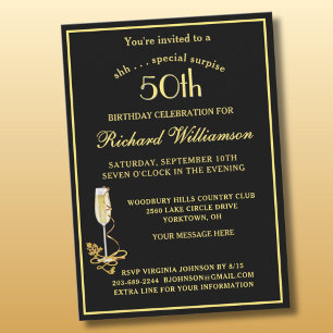 SURPRISE 50th Birthday Party Elegant Black Gold Invitation