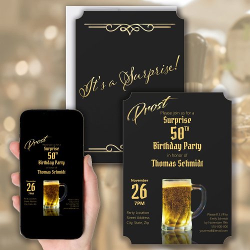 Surprise 50th Birthday Party Elegant Black  Gold  Invitation