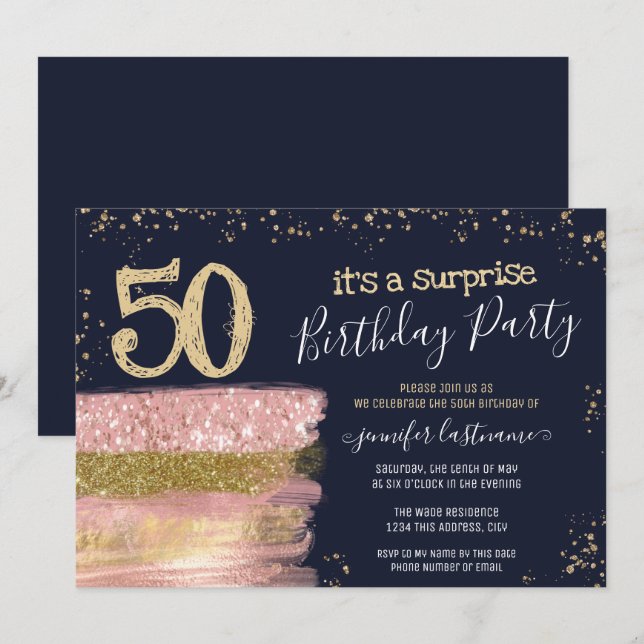Surprise 50th Birthday Party Glitter Cake Invitation (Front/Back)