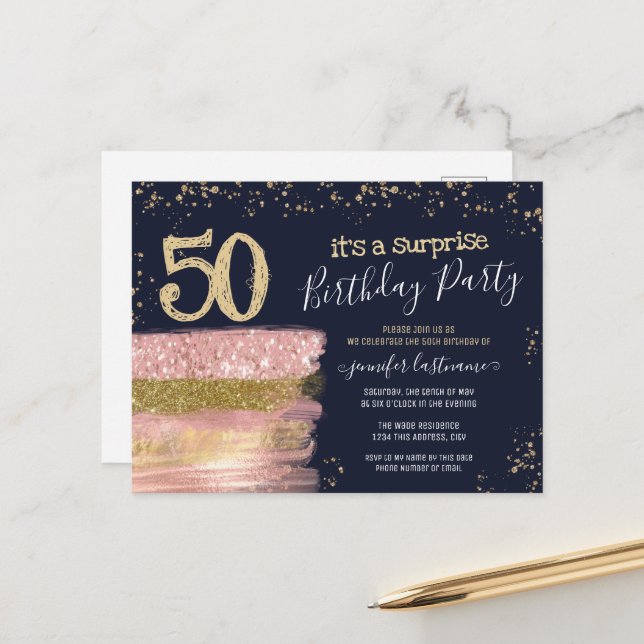 Surprise 50th Birthday Party Glitter Cake Postcard (Front/Back In Situ)