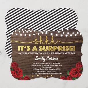 Surprise 50th birthday party gold and red invitation