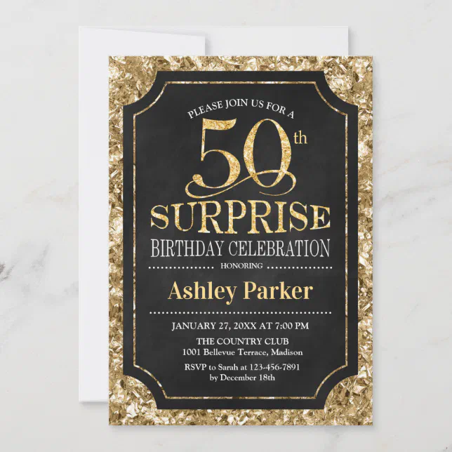 Surprise 50th Birthday Party - Gold Black Invitation | Zazzle