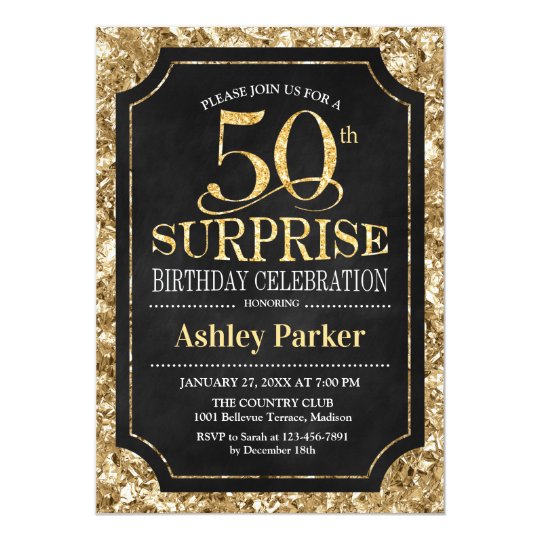 Surprise 50th Birthday Party Gold Black Invitation