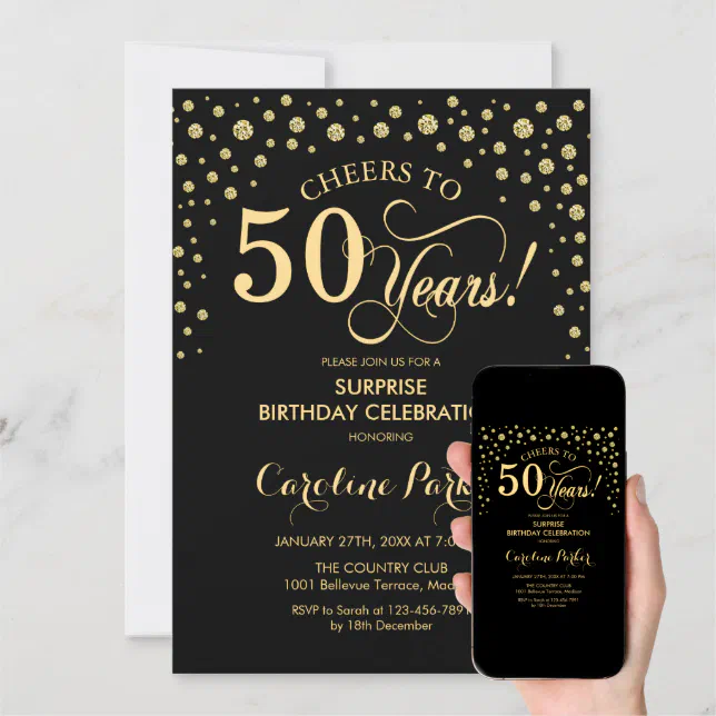 Surprise 50th Birthday Party Gold Black Invitation Zazzle 