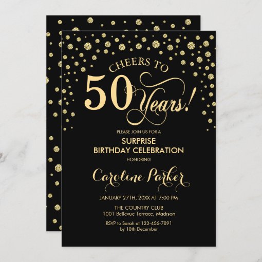 Surprise 50th Birthday Party - Gold Black Invitation | Zazzle