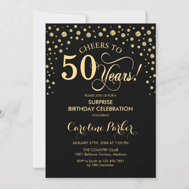 Surprise 50th Birthday Party - Gold Black Invitation | Zazzle