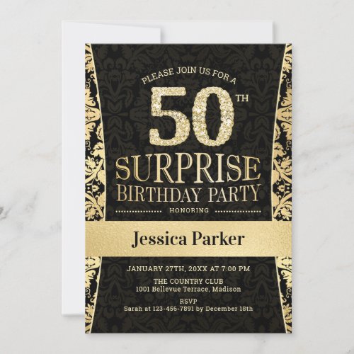 Surprise 50th Birthday Party _ Gold Black Invitation