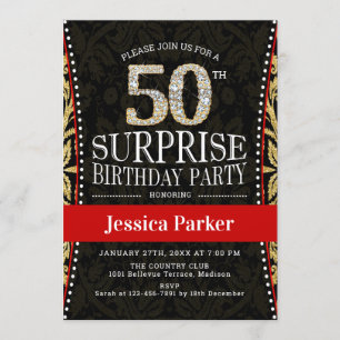Surprise 50th Birthday Party - Gold Black Red Invitation