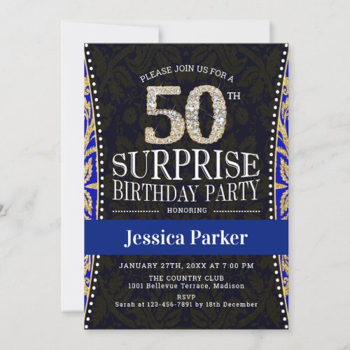 Surprise 50th Birthday Party _ Gold Navy Blue Invitation
