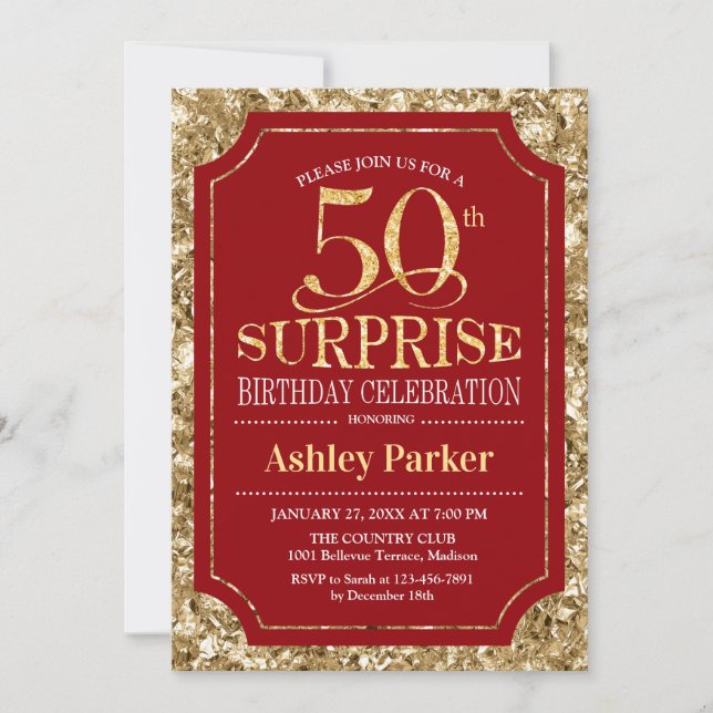 Surprise 50th Birthday Party - Gold Red Invitation (Front)