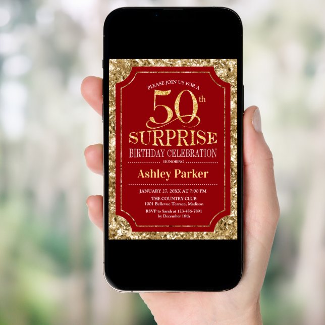 Surprise 50th Birthday Party - Gold Red Invitation (Front Digital)