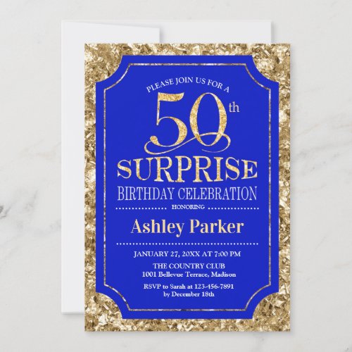 Surprise 50th Birthday Party _ Gold Royal Blue Invitation