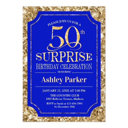 Surprise 50th Birthday Party Gold Royal Blue Invitation