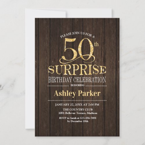 Surprise 50th Birthday Party _ Gold Wood Invitation