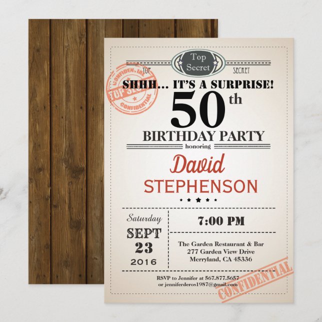 Surprise 50th birthday party invitation for men (Front/Back)