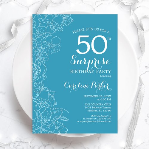 Surprise 50th Birthday Party _ Light Blue Floral Invitation