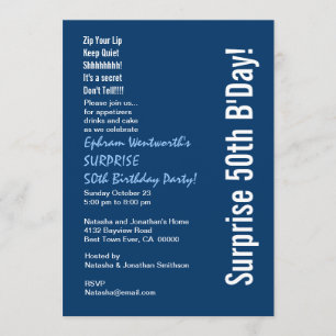 SURPRISE 50th Birthday Party Modern Blue and White Invitation
