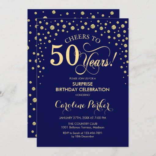 Surprise 50th Birthday Party - Navy Blue Gold Invitation | Zazzle