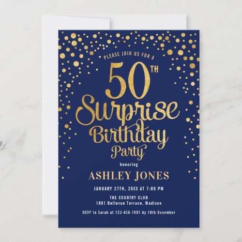Surprise 50th Birthday Party _ Navy  Gold Invitation