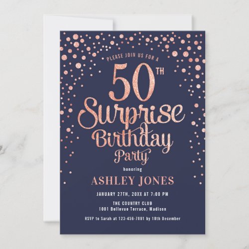 Surprise 50th Birthday Party _ Navy  Rose Gold Invitation