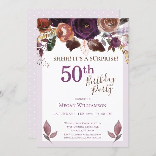 Surprise 50th Birthday Party Purple Floral Invitation