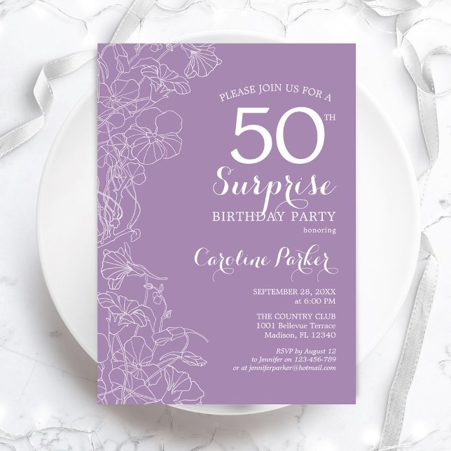 Surprise 50th Birthday Party - Purple Floral Invitation (Creator Uploaded)