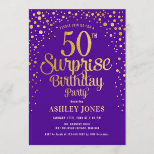 Surprise 50th Birthday Party - Purple & Gold Invitation
