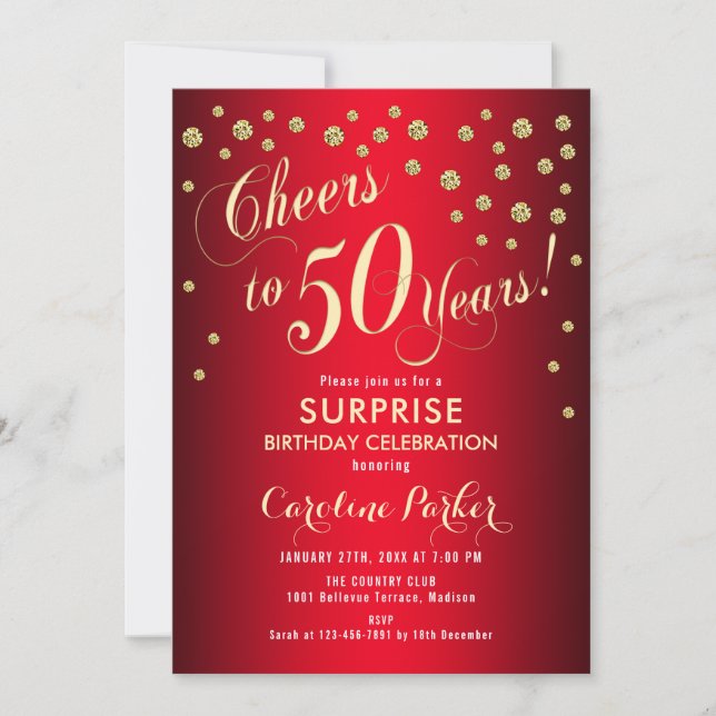 Surprise 50th Birthday Party - Red Gold Invitation (Front)