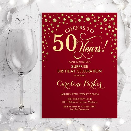Surprise 50th Birthday Party _ Red Gold Invitation