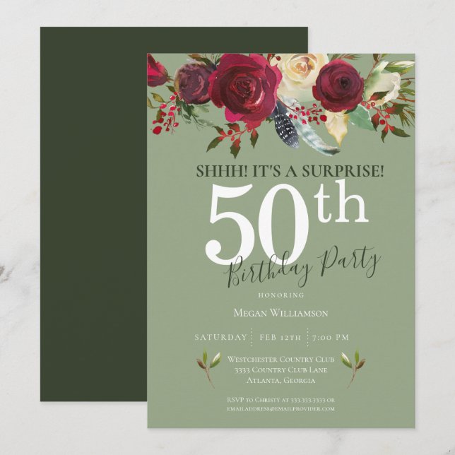Surprise 50th Birthday Party Red Rose Floral Invitation (Front/Back)