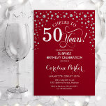 Surprise 50th Birthday Party - Red Silver Invitation<br><div class="desc">Surprise 50th Birthday Party Invitation.
Elegant design in dark red and faux glitter silver. Features script font and diamonds confetti. Cheers to 50 Years! Message me if you need further customization.</div>