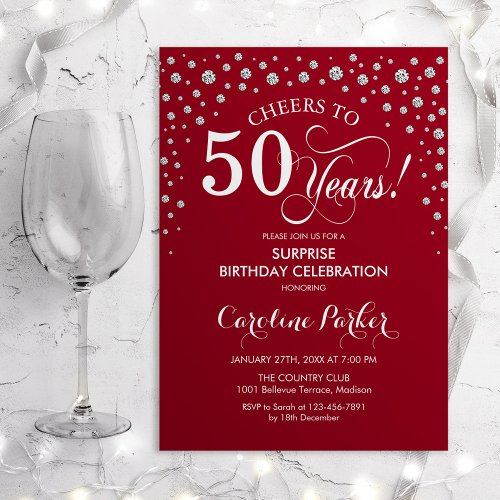 Surprise 50th Birthday Party _ Red Silver Invitation