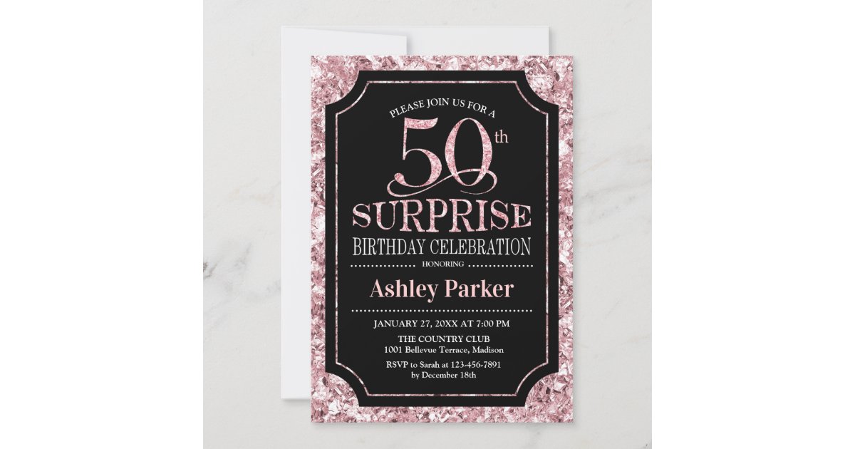 Surprise 50th Birthday Party Rose Gold Black Invitation Zazzle 