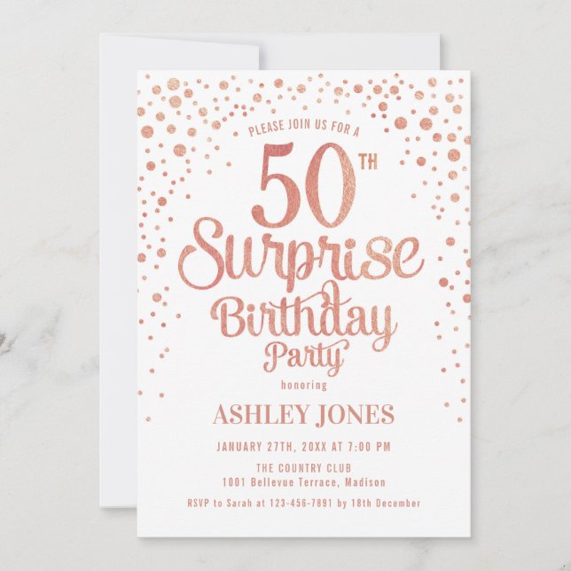 Surprise 50th Birthday Party - Rose Gold & White Invitation (Front)