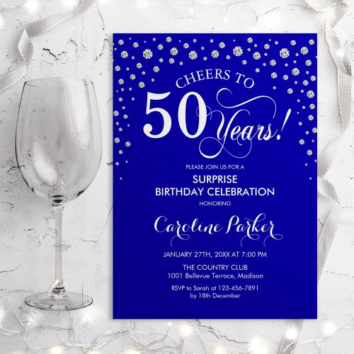 Surprise 50th Birthday Party _ Royal Blue Silver Invitation