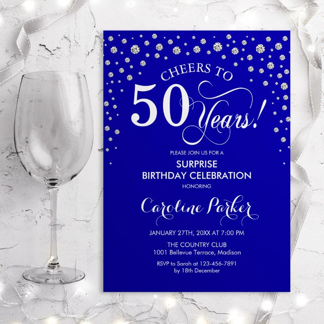 Surprise 50th Birthday Party - Royal Blue Silver Invitation (Creator Uploaded)