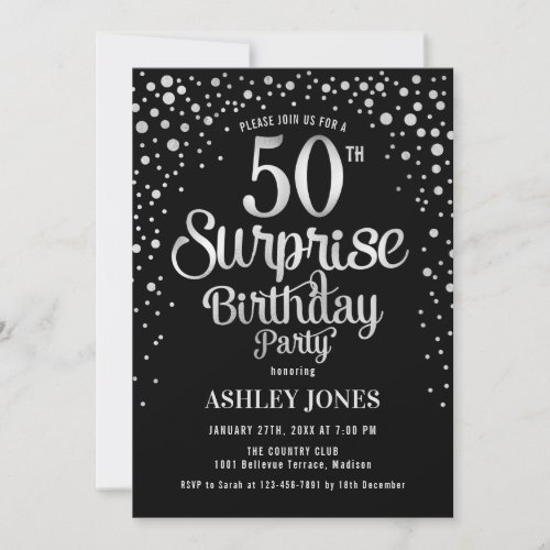 Surprise 50th Birthday Party _ Silver  Black Invitation