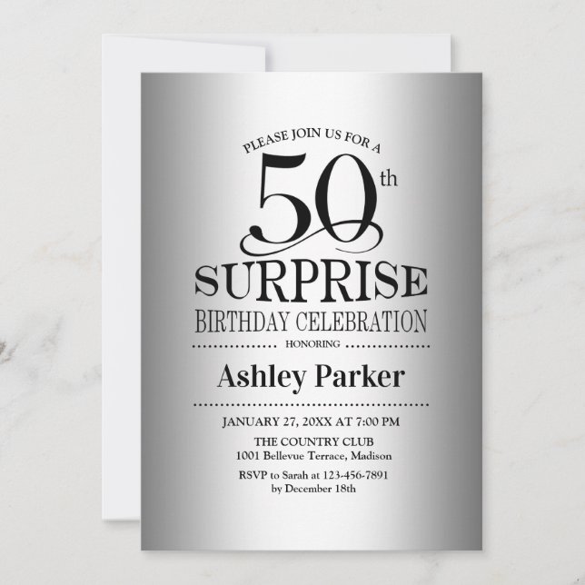 Surprise 50th Birthday Party - Silver Invitation (Front)