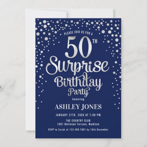 Surprise 50th Birthday Party _ Silver  Navy Blue Invitation