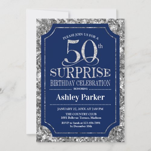 Surprise 50th Birthday Party _ Silver Navy Blue Invitation