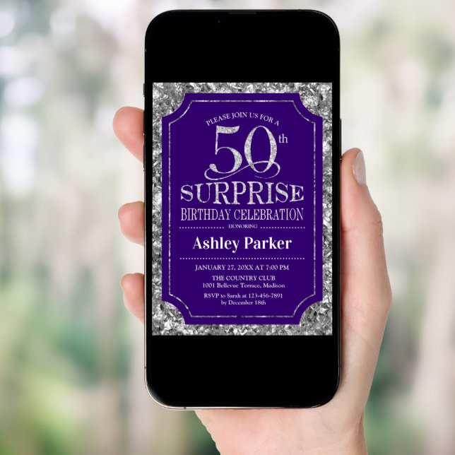 Surprise 50th Birthday Party - Silver Purple Invitation (Front Digital)
