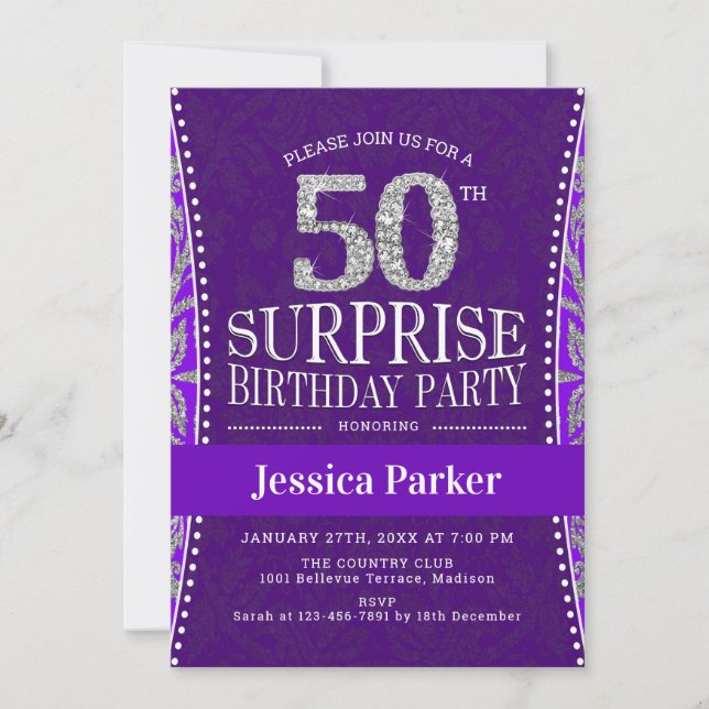 Surprise 50th Birthday Party - Silver Purple Invitation (Front)